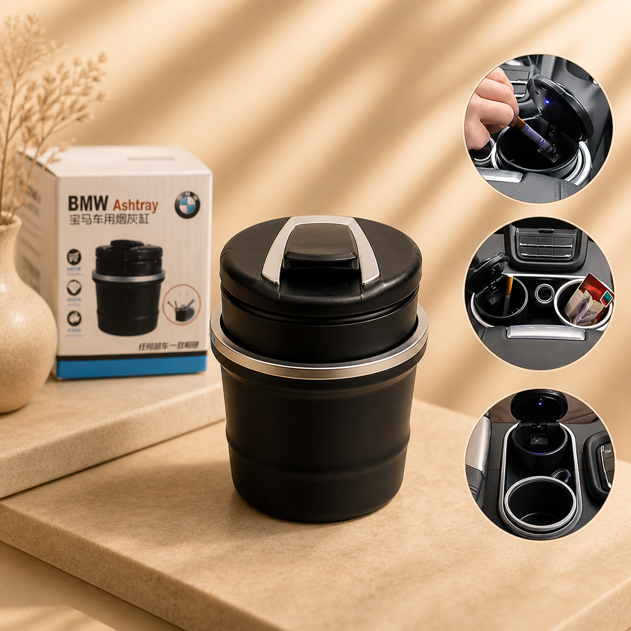 Portable Car Ashtray With Lid And Blue Led Light (1 Pc  With Color Box)